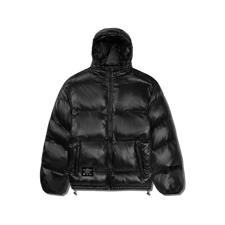 Shiny Logo Hooded Puffer Jacket - Black